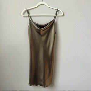 Bebe Slip Dress Women's Small Sage Green Satin Party Cowl Neck Mini Neutral